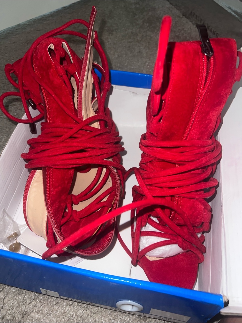 Red Lace-Up Suede Women's Thigh High Heels